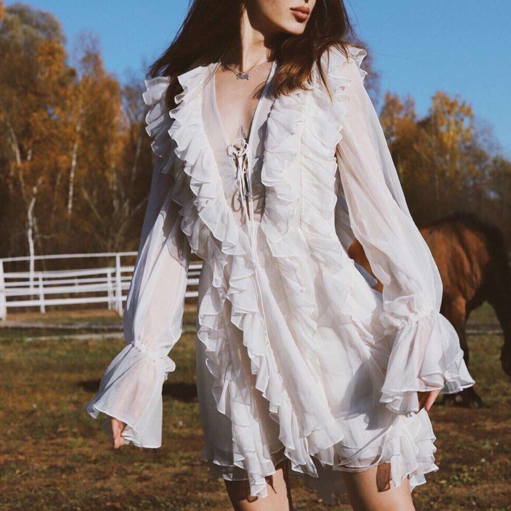 Dress lace up ruffle chic summer spring cream womens lace up - Picture 15 of 15